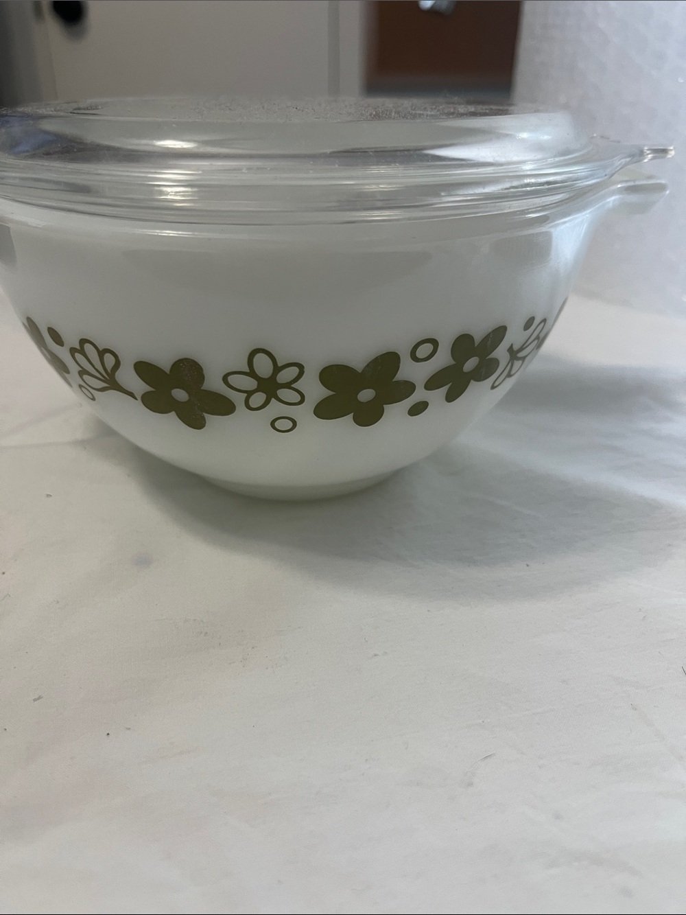 Pyrex White Milk Glass Mixing Bowl with Olive Floral Band and Clear Lid